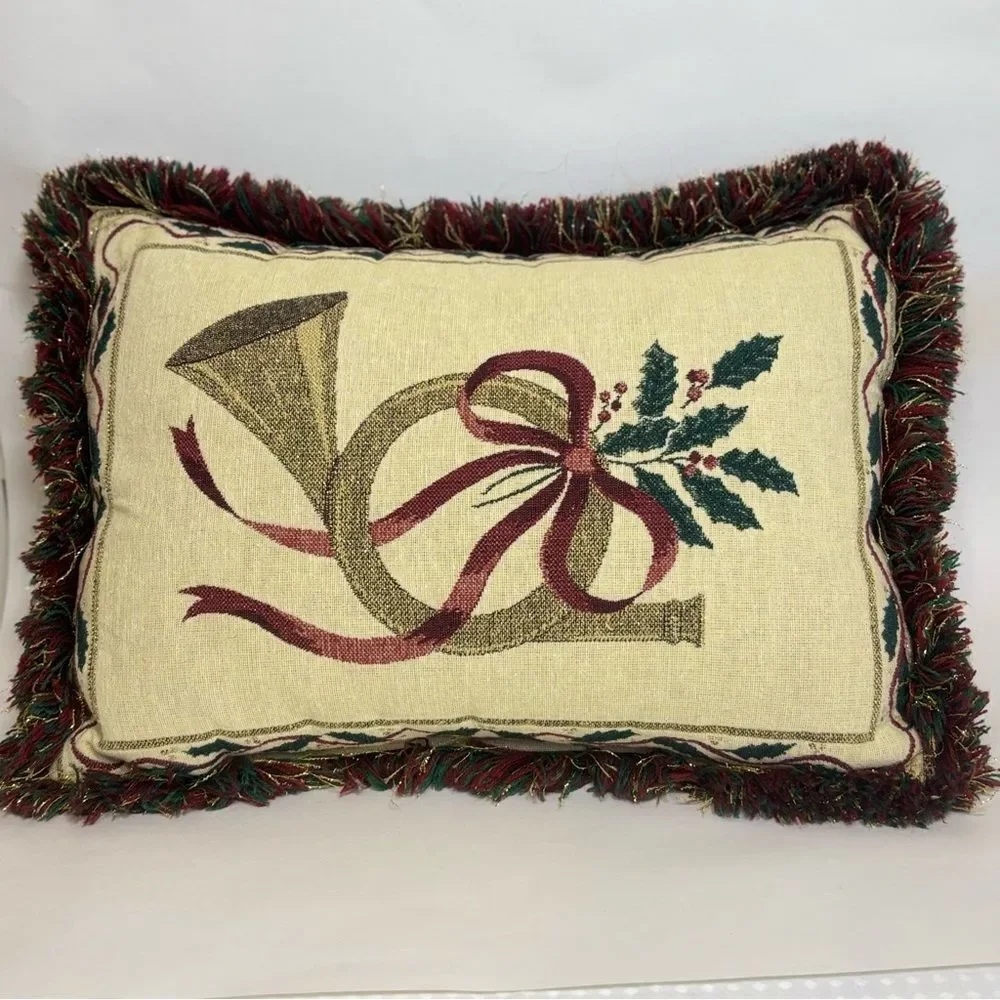 Riverdale Christmas French Horn Holly Berries Fringed Accent Pillow